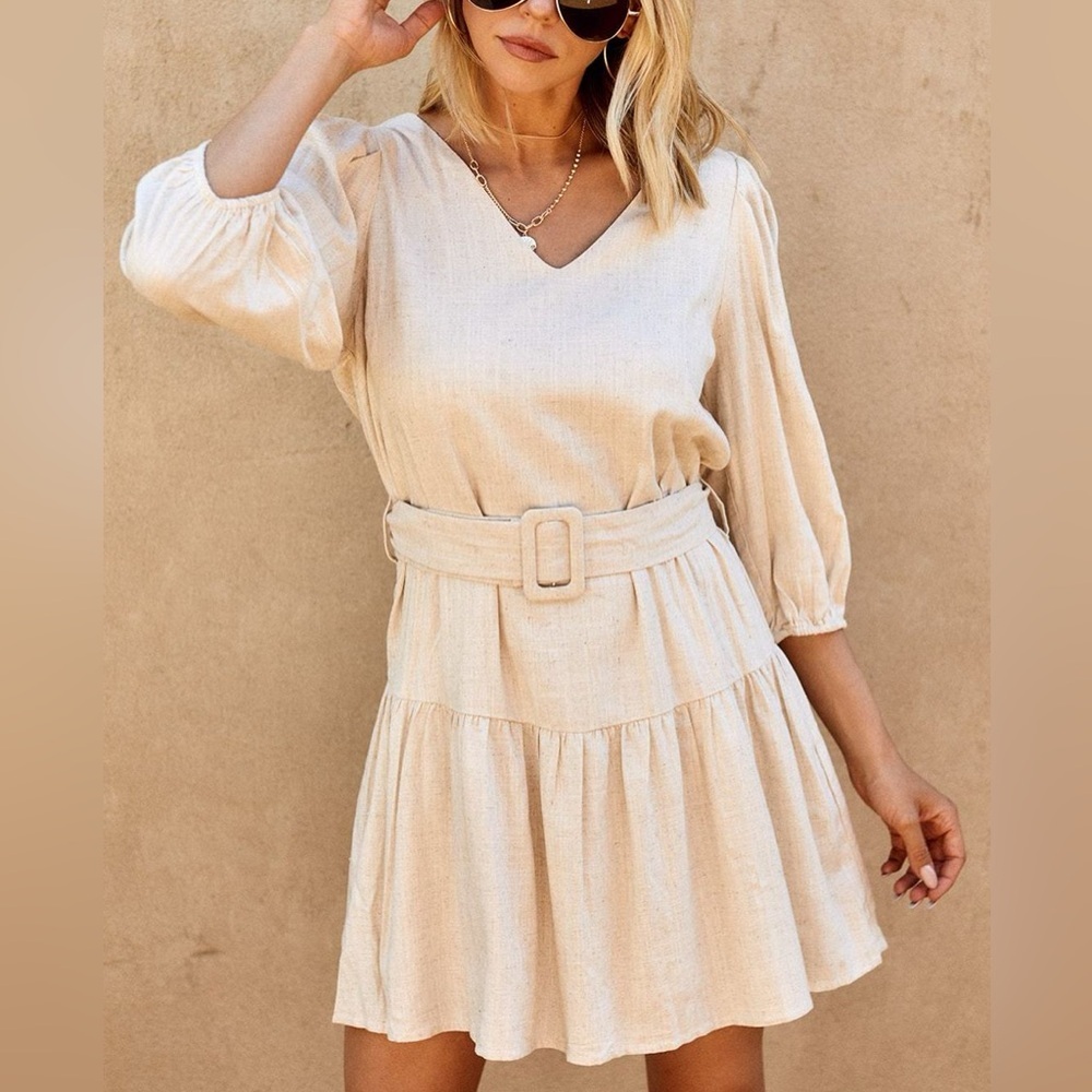 NEW Fab’rik LIRIO Belted Linen Puff Sleeve Mini Dress